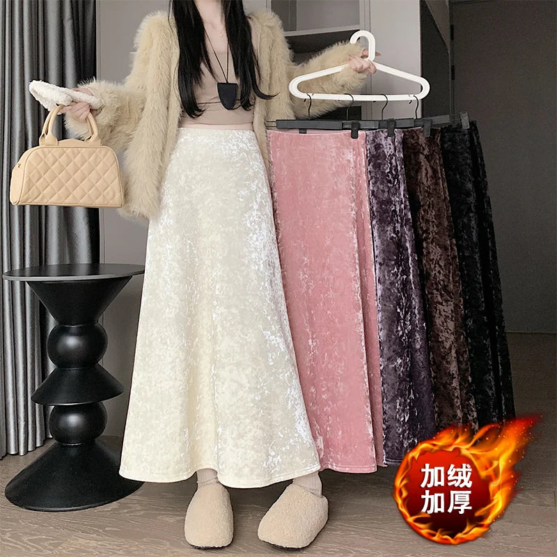Plush Velvet Midi Skirt - 2025 New High-Waisted A-Line Mermaid Hem Skirt, Fleece-lined, Autumn Winter Thick Velvet Skirt.