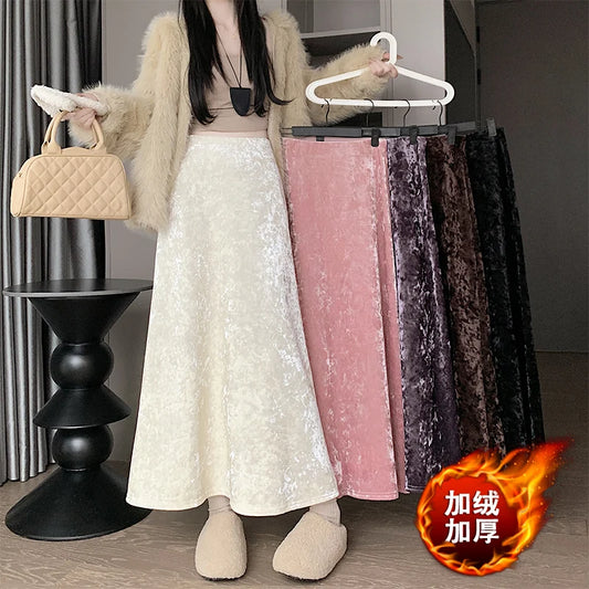 Plush Velvet Midi Skirt - 2025 New High-Waisted A-Line Mermaid Hem Skirt, Fleece-lined, Autumn Winter Thick Velvet Skirt.