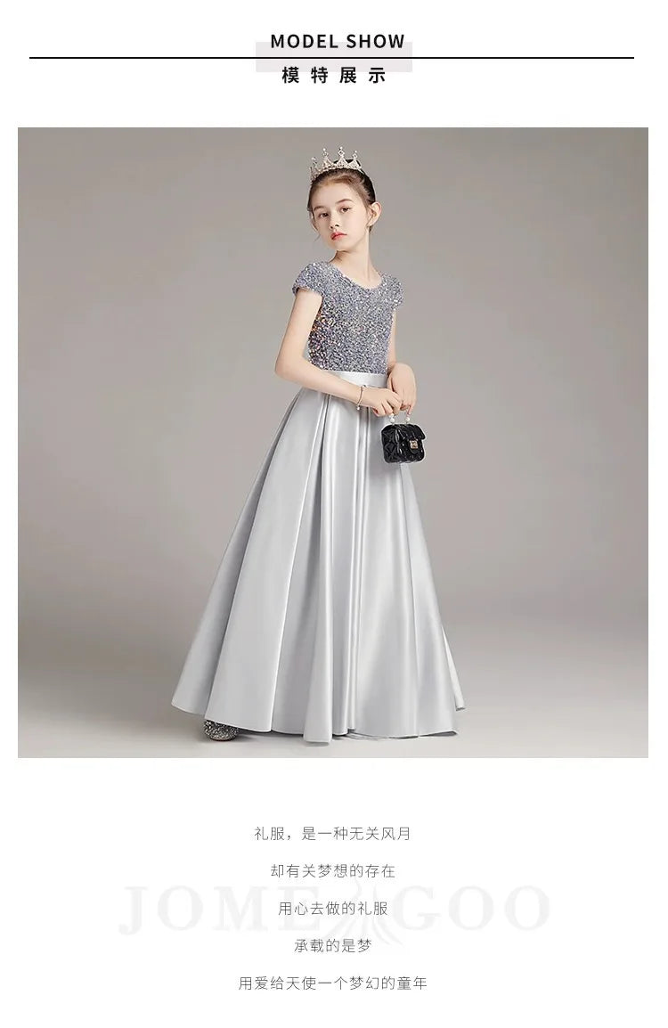Mädchen-Klavierkleid, graues Pailletten-langes Performance-Kleid, Prinzessinnenkleid, Kinder-Host-Show-Performance-Kleid, Sommer.