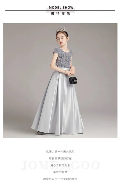 Mädchen-Klavierkleid, graues Pailletten-langes Performance-Kleid, Prinzessinnenkleid, Kinder-Host-Show-Performance-Kleid, Sommer.