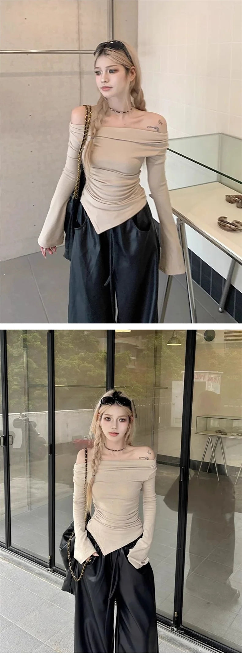 Spring Autumn Long Sleeve One Shoulder Slim Fit Short T Shirt Women's Fashion Design Sense Irregular Neckline Sexy Girl Style.