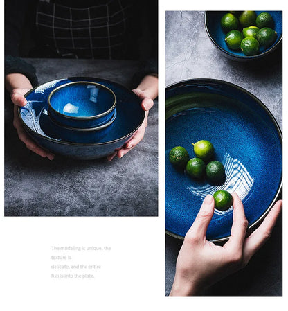 Japanese Blue Kiln Change Ceramic Tableware American Tableware Retro Household Dishes Set Rice Bowl Dishes Restaurant Plate.