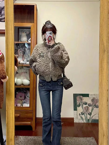 Winter Lamm Wolle Vintage Jacke Frauen Stehen Kragen Faul Wind Casual Zipper Mäntel Langarm 3D Dekoration Lose Geerntete Jacken.