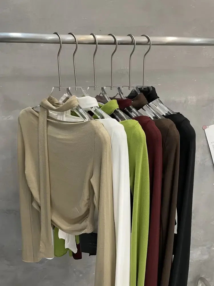 Sexy One-Shoulder Long Sleeve T-Shirt with Scarf Short Flared Sleeve Blindfolded Entry Base Shirt Tight Short Crop Top.