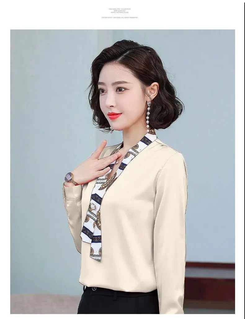 Women's fashionable streamer tops fashionable and elegant small fragrance style covering the belly satin shirt.