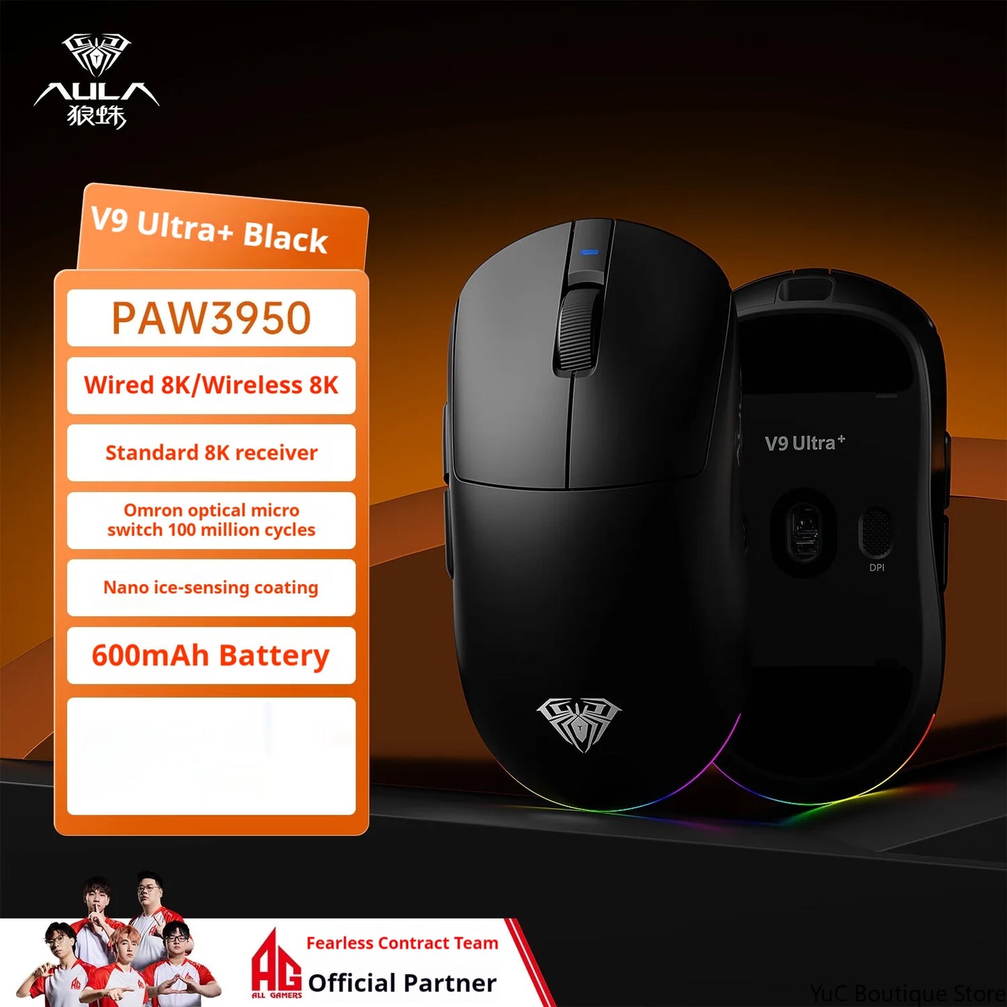 New Aula V9 Ultra Wireless E-sports Gaming Mouse Double 8k 3mode PAW 3950 8k 55g Lightweight Ergonomic Mouse Custom PC Accessory