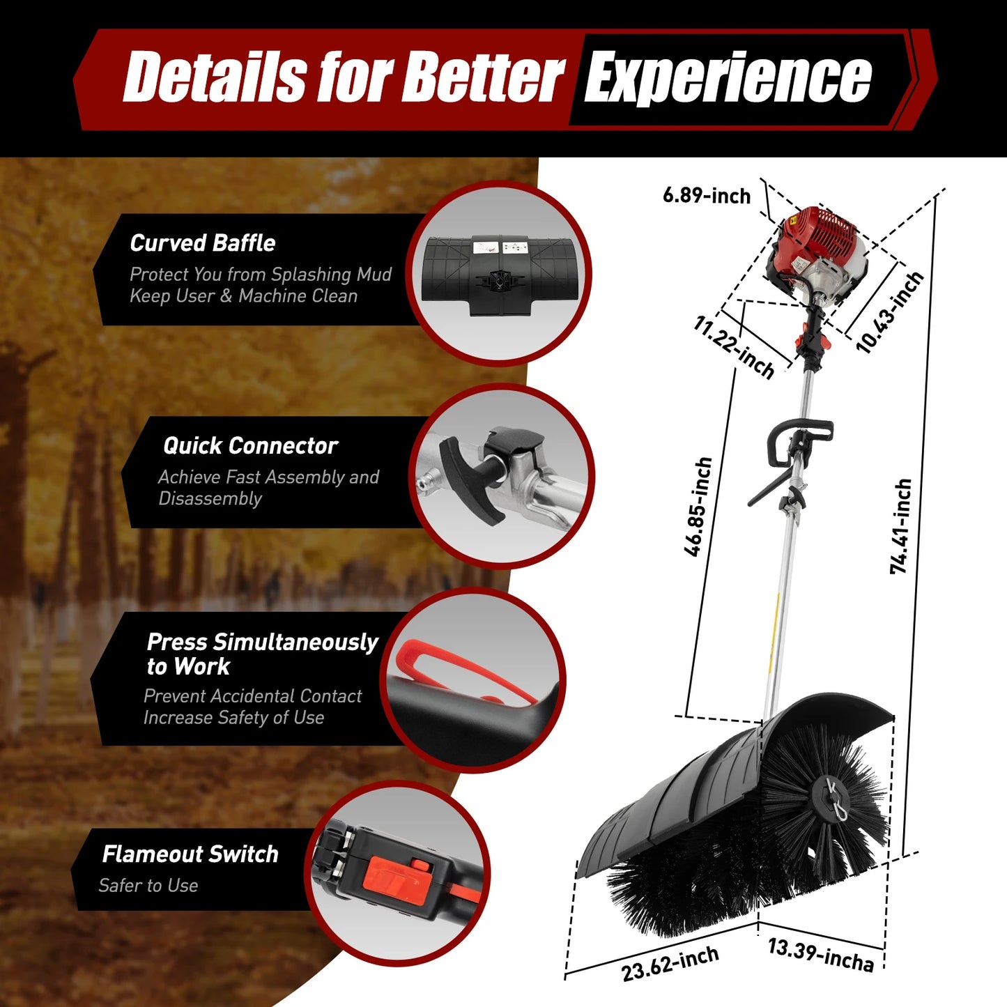 2,3 PS 52 CC Gas Power Walk Behind Sweeper, handgehaltene Schneekehrmaschine für Einfahrt, Rasen, Kunstrasen