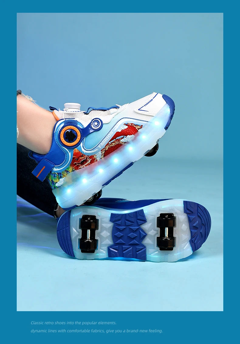 Children Four Wheels Luminous Glowing Sneakers Black Pink Led Light Roller Skate Shoes Kids Led Shoes Boys Girls USB Charging.