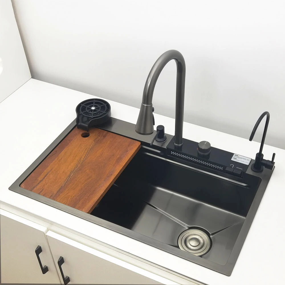 LED-Wasserfall-Küchenspüle, Spüle aus Edelstahl 304, großes Einzelbecken mit Multifunktions-Wasserfall-Wasserhahn über der Theke