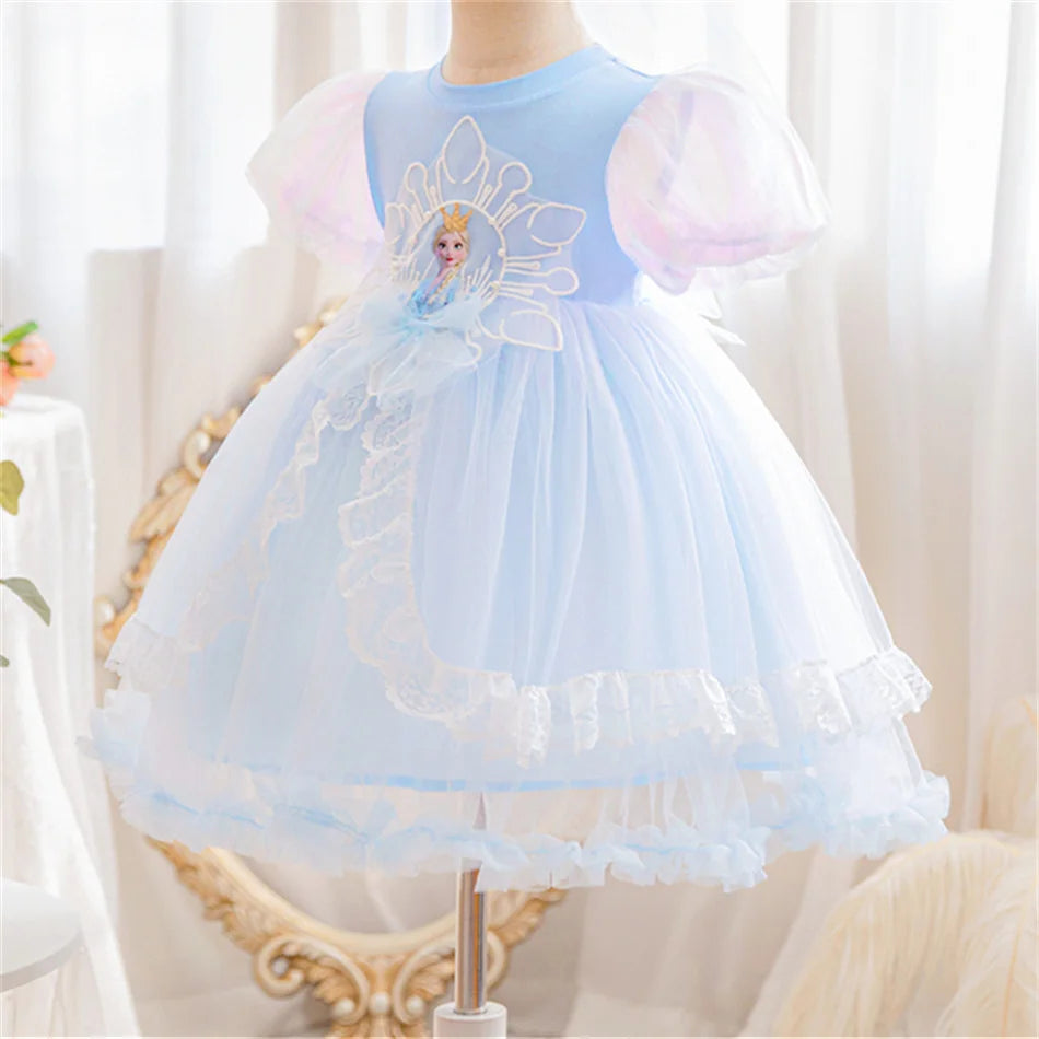 Mädchen Schneekönigin Spitze Schleife Prinzessin Kleid Elsa Cosplay Disney Performance Kleidung Kinder Halloween Karneval Party Fee Outfits.
