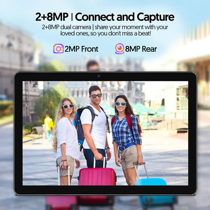 New BAKEN 10-inch Android 15 tablet with 64GB storage, keyboard, leather case, SIM card slot, stylus, mouse, and dual speakers.