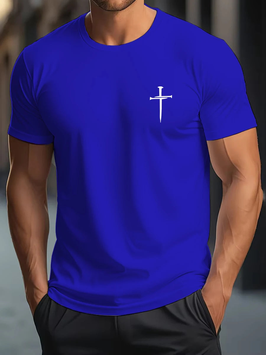 Men's Summer 100% Cotton Fashionable Casual Loose Large Size Faith Cross Printed Round Neck Short Sleeve T-shirt Top.
