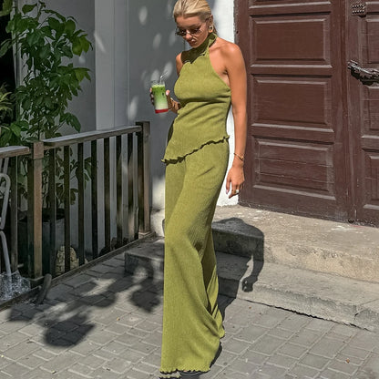 Tuularose Hanging Green Pants Set Sleeveless Backless Personality Temperament Commuter Two-piece Set Summer New Women Pants Set.