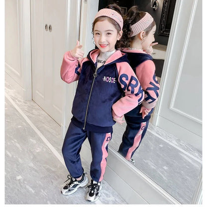 New Winter Keep Warm Girls Clothing Set Padded Lining With Plush Velent Hooded Jacket+Pants 2pcs Suit For 3-12 Years Kids