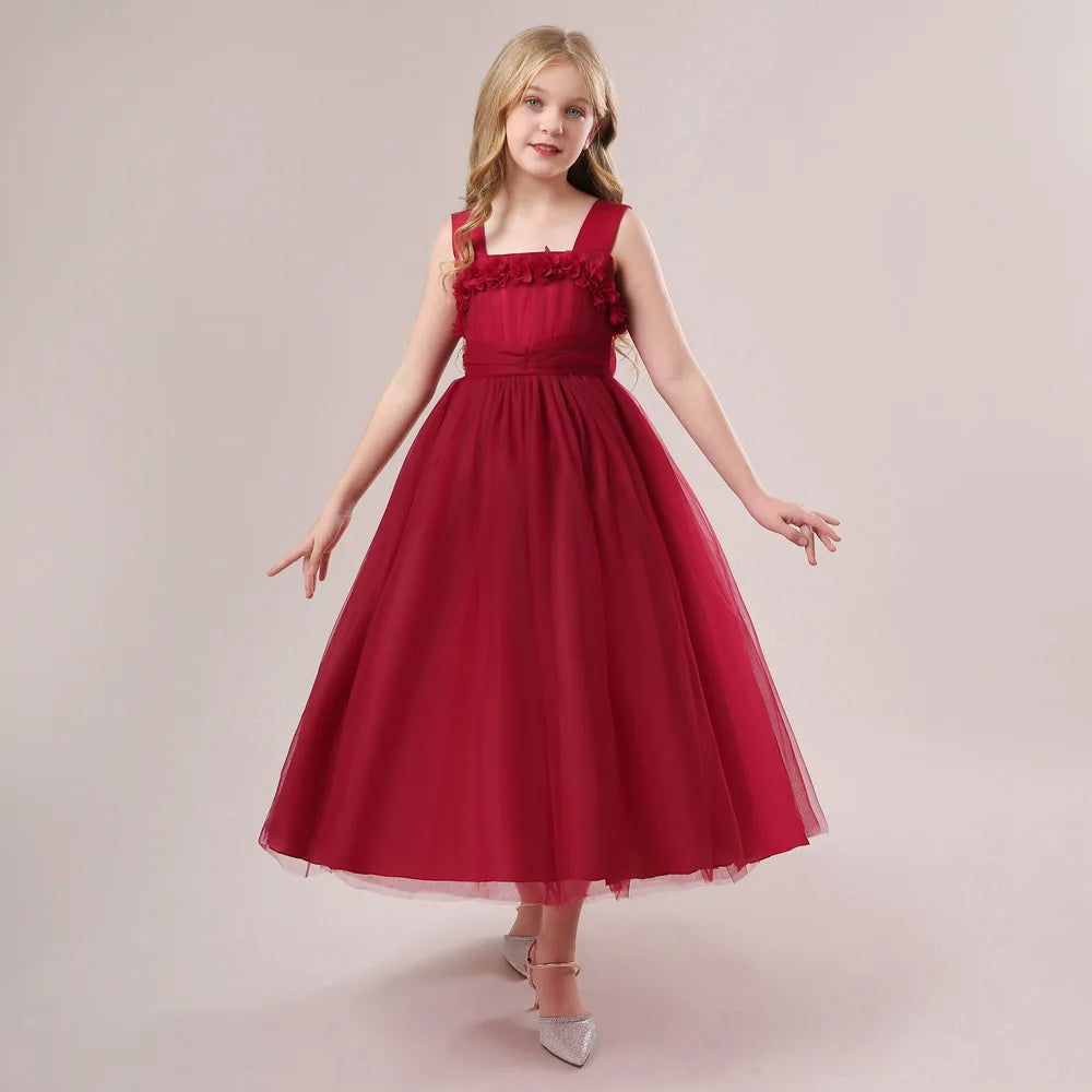 Mädchen Partykleider Weiß Langes Hochzeit Brautjungfer Prinzessin Kleid Abend Tüllkleid Abschlussball Klavier Performance Kleid.