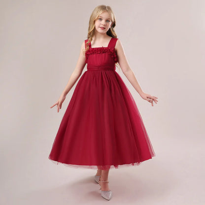 Mädchen Partykleider Weiß Langes Hochzeit Brautjungfer Prinzessin Kleid Abend Tüllkleid Abschlussball Klavier Performance Kleid.