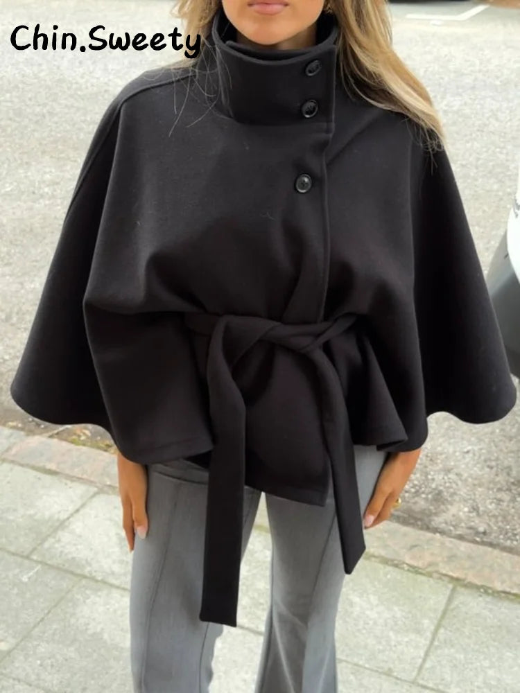 Straße Batwing Hülse Cape Gürtel Mäntel Frauen Lose Solide Stehkragen Einreiher Jacke 2025, Herbst Dame Alle-spiel chic Mantel.