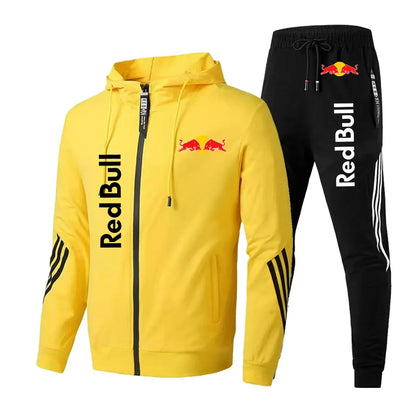 2025 Red Bull Logo Men's Hoodie Set Two-piece New Red Bull Brand Logo Printed Zipper Jacket Solid Color Simple Cycling Suit.