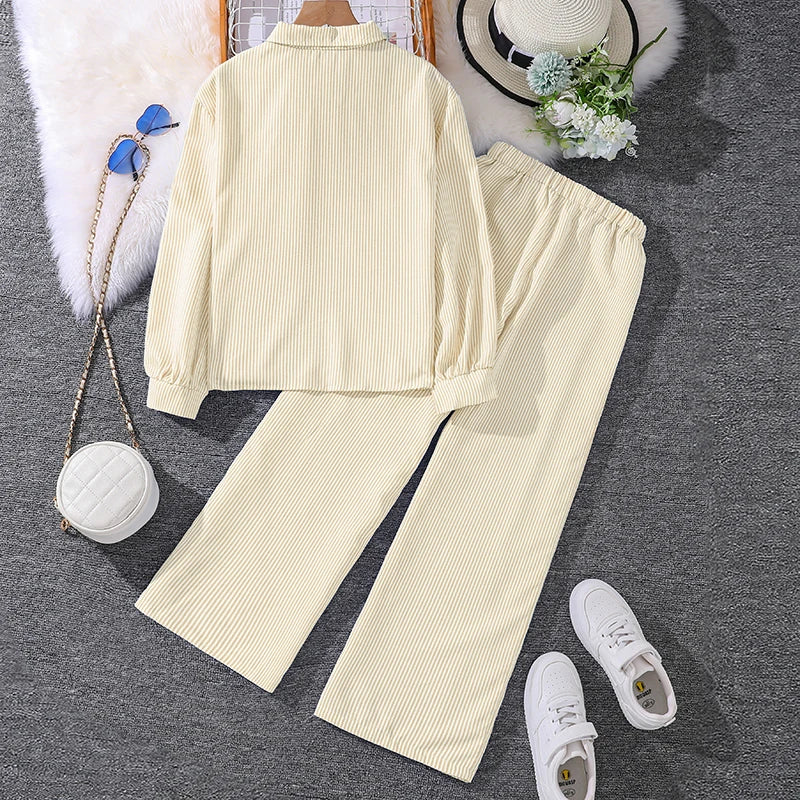 Spring Hot Sale Kids Outfit 4-12 Years Girls Striped Long Sleeve Chemise + Casual Loose Straight Leg Pants Shirt Suit 2Pcs Set