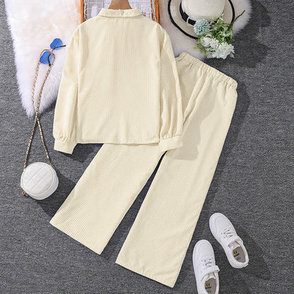Spring Hot Sale Kids Outfit 4-12 Years Girls Striped Long Sleeve Chemise + Casual Loose Straight Leg Pants Shirt Suit 2Pcs Set