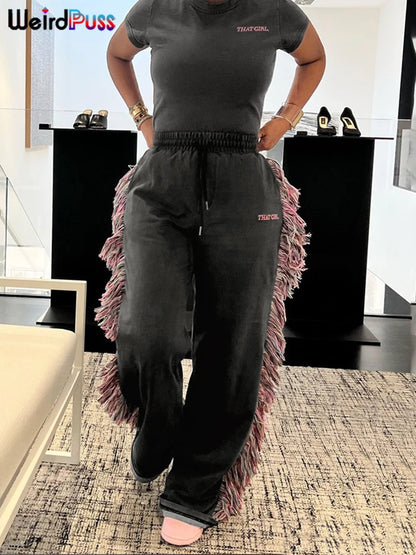 Weird Puss Casual Sporty 2 Piece Set Women Letter Embroidery Crop Tops+Side Tassel Straight Pants Matching Streetwear Tracksuits