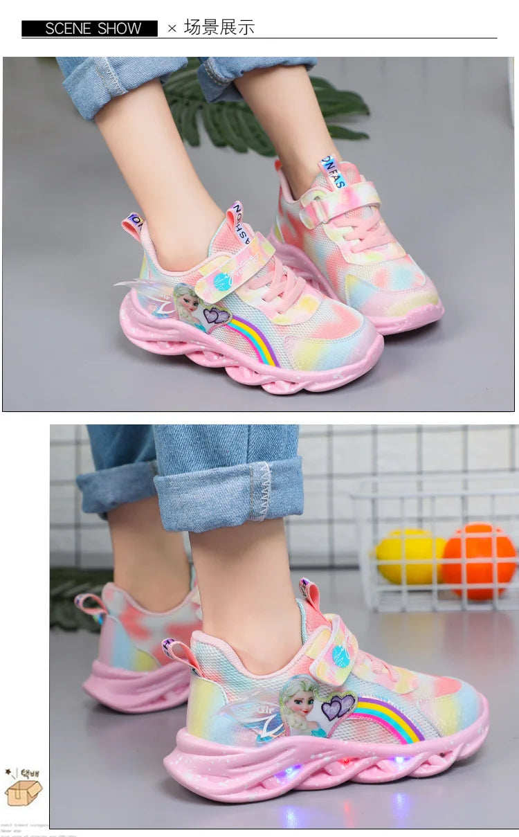 Disney Girls' Casual Shoes Led Lights Mesh Breathable Children's Sports  Princess Elsa Pink Purple Shoes Sneakers Size 22-37.