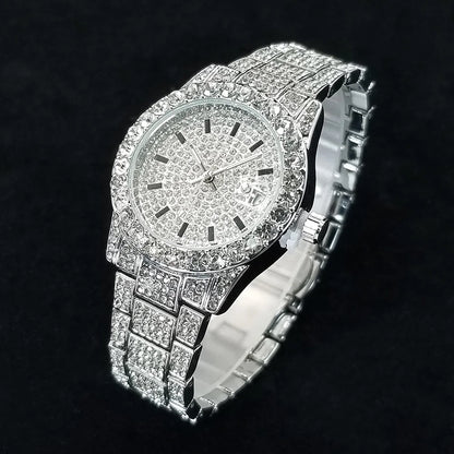 Elegant Diamond Watches Female Fashion Silver Round Stainless Steel Quartz Watch Iced Out Shiny Waterproof Clock Gift for Women.