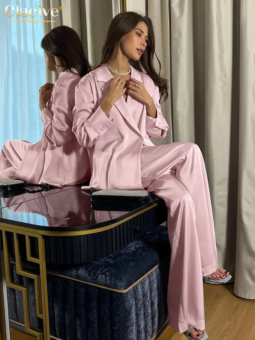 Clacive Fashion Loose Pink Satin Pants Sets For Women 2 Pieces Elegant Long Sleeve Shirt With High Waist Wide Trousers Suits.