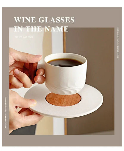 130ML Ceramic Coffee Cup Saucer Set Wooden Handle Japanese Tea Cups Filter Home Water Mug Handmade Frosted Tea Coffee Cup Gift.