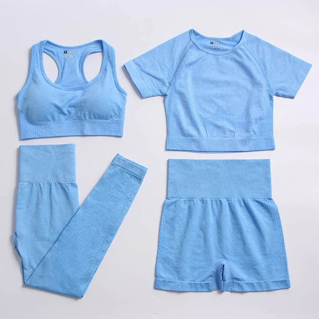 2/4PCS Summer Seamless Yoga Set Women Workout Clothes Sports Bra Short Sleeve Crop Top High Waist Legging Fitness Sports Suits