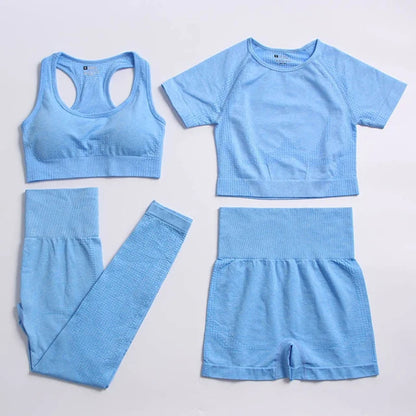 2/4PCS Summer Seamless Yoga Set Women Workout Clothes Sports Bra Short Sleeve Crop Top High Waist Legging Fitness Sports Suits