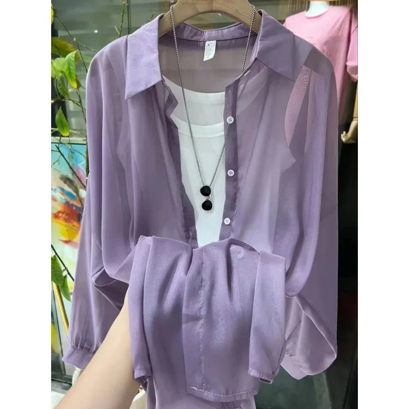 1pcs Woman Four Seasons Shirt Lady Thin Sunscreen Shirts Female Casual Long Sleeve Turn-down Collar Loose Med-Length Style Tops.