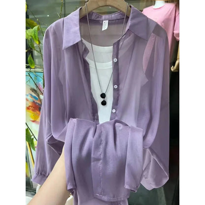 1pcs Woman Four Seasons Shirt Lady Thin Sunscreen Shirts Female Casual Long Sleeve Turn-down Collar Loose Med-Length Style Tops.