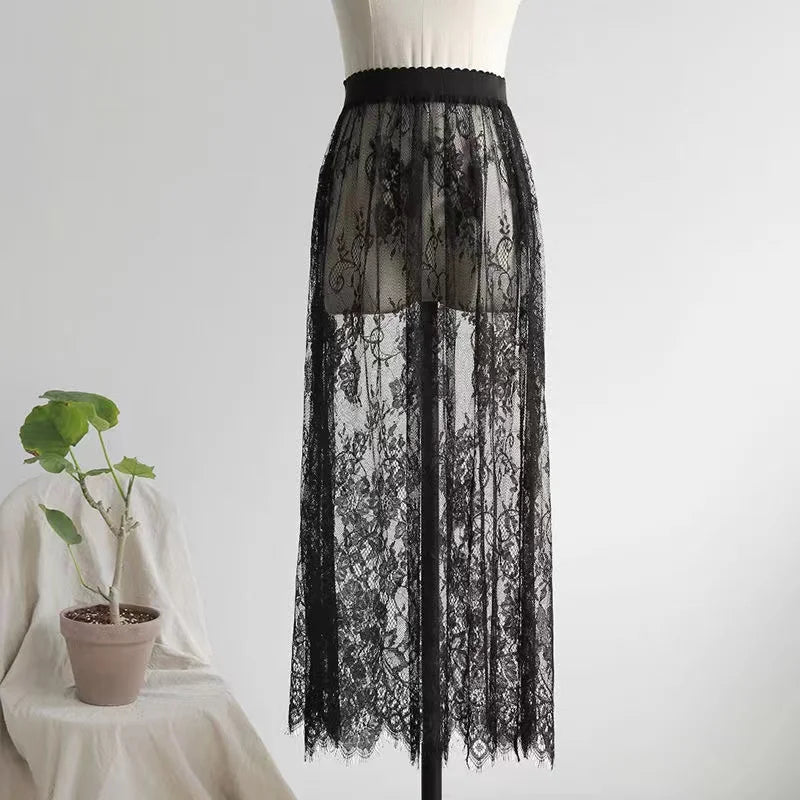 2 Length Elegant Black Skirt White Lace Transparent Long Tulle Skirt Ladies Elastic High Waist Beach Midi Skirt Drop shipping.
