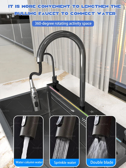 AI voice-controlled Stainless Steel Kitchen Sink With Waterfall  Embossed Large Single Slot Multifunction Dishwashing Sinks