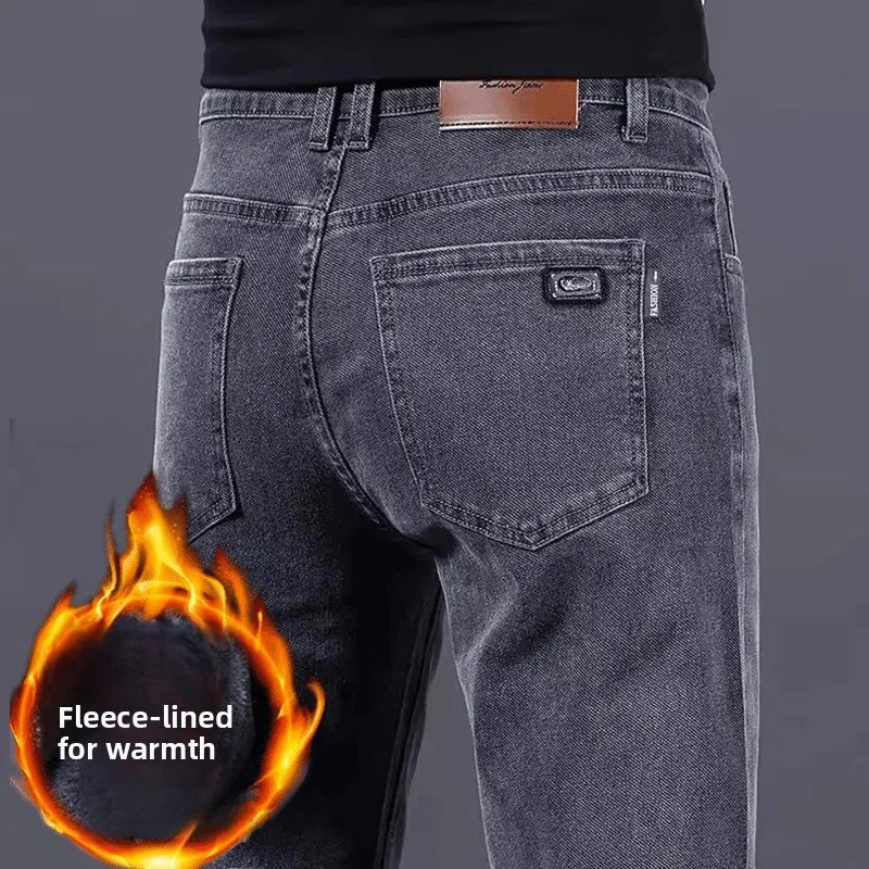High-End Men's Fleece-Lined Thick Stretchy Straight Leg Jeans 2025 New Style Loose Fit Smoke Grey Trousers for Men.