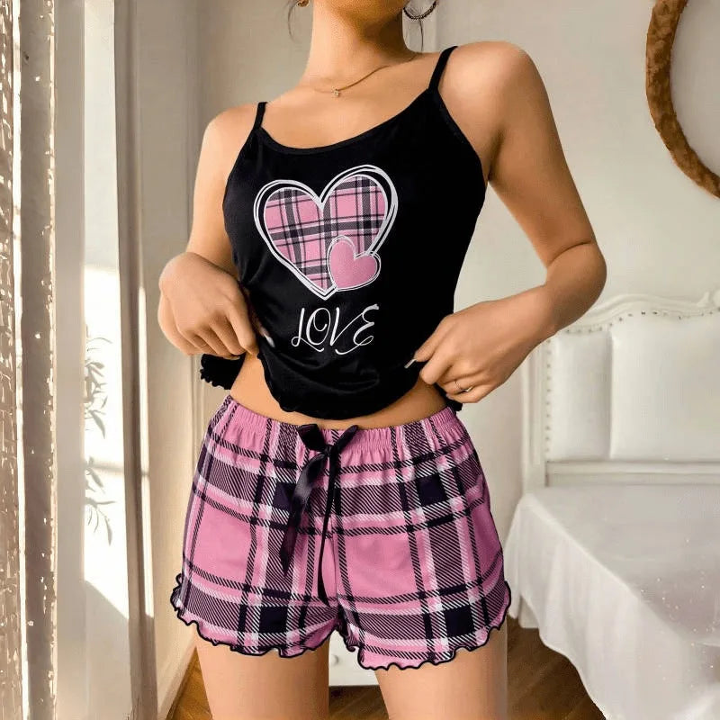 Frauen Sexy Hosenträger Shorts Dünne Pyjamas Brief Drucken Plaid Shorts Große Pyjamas Romantische Hause Tragen Sexy Nachtwäsche Kurze Pyjama.