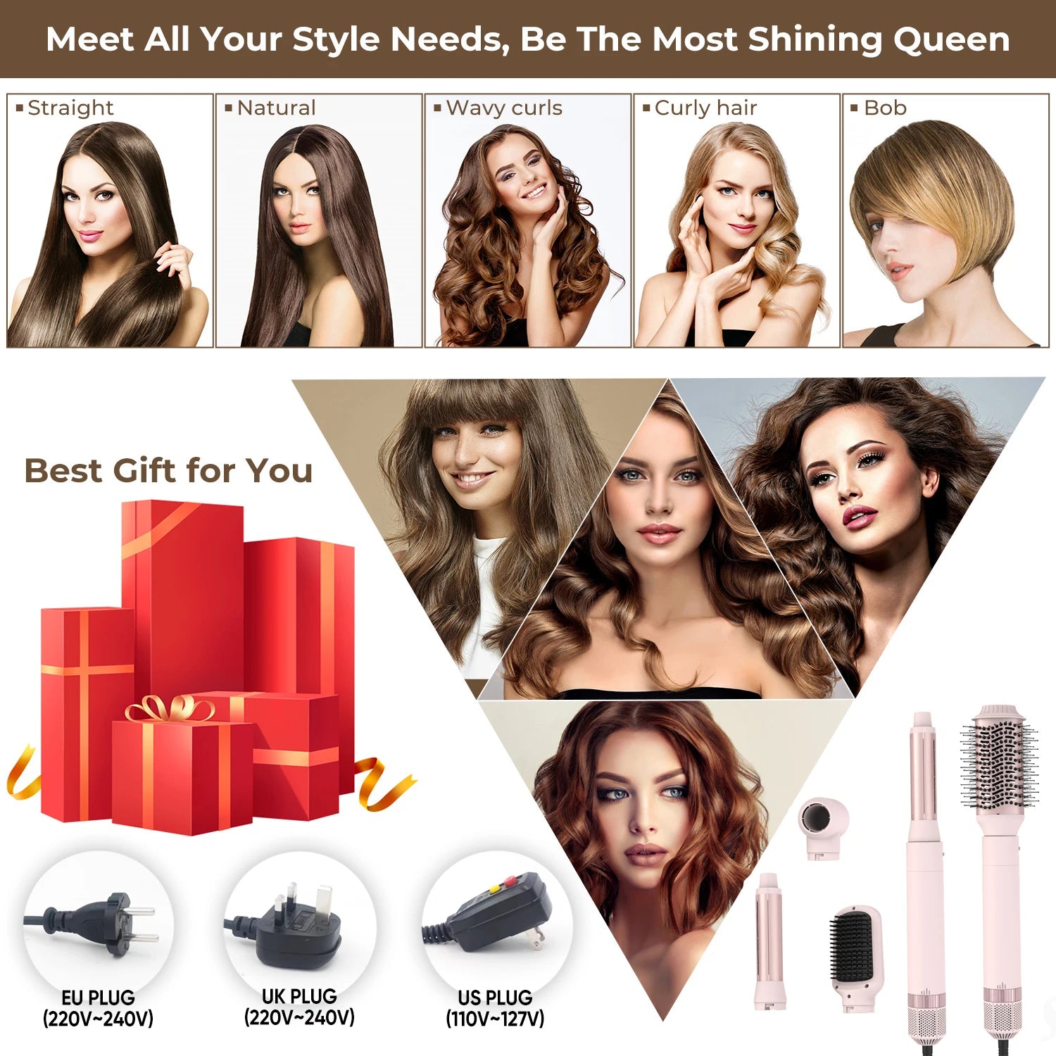 5in1 Hair Dryer Brush Curling Iron Hair Dryer Detachable Auto Wrap Curlers Fast Drying Electric Styling Hair Blower Brush.