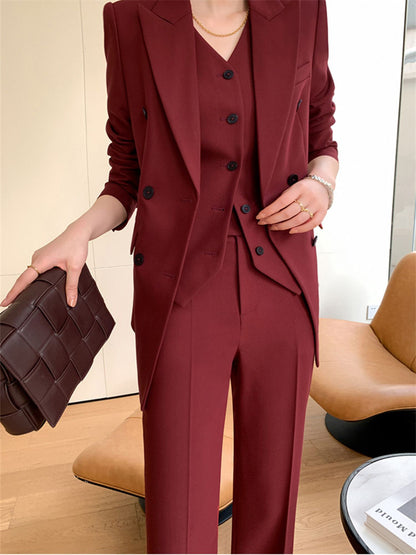Burgundy Suit Set Women Spring 2023 Office Ladies Lapel Single Breasted Vest Wide Leg Pants Blazer Three Piece Set.