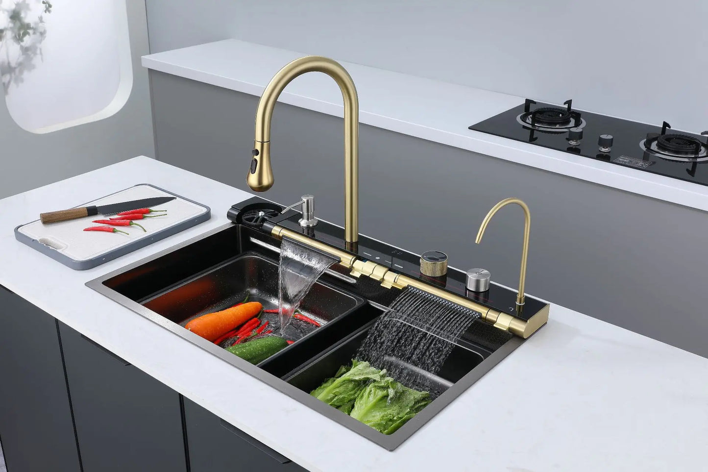 Golden Household Stainless Steel Waterfall Kitchen Sink MultiFunction Wash Vegetable and Dish Countertop Basin Large Single Slot