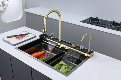 Golden Household Stainless Steel Waterfall Kitchen Sink MultiFunction Wash Vegetable and Dish Countertop Basin Large Single Slot