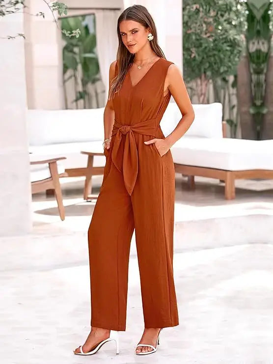 Summer High Waist Lace-up Jumpsuits Women 2025 New Sleeveless V-neck Side Pocket Solid Casual Jumpsuit Office Ladies Rompers