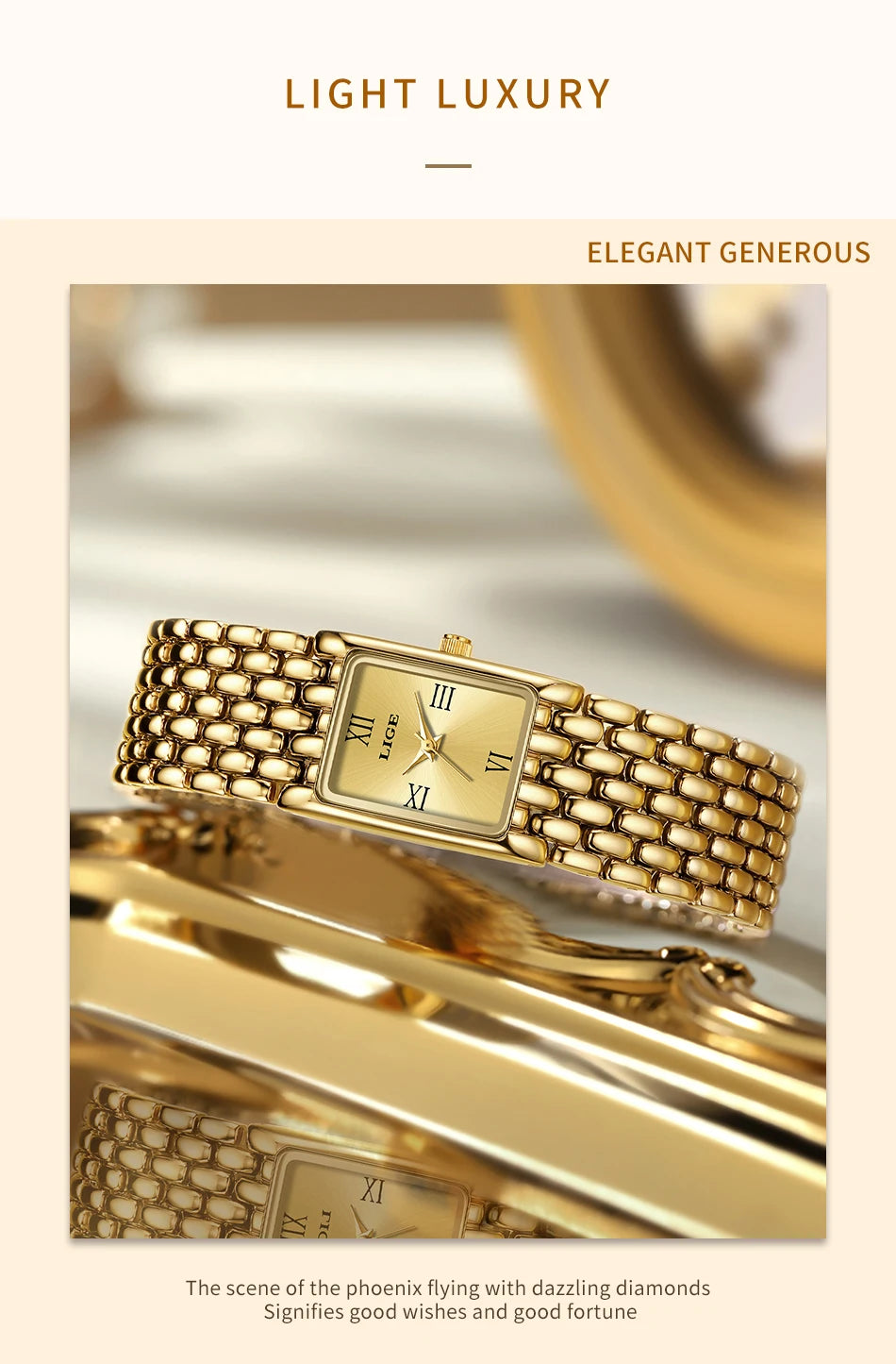 LIGE Silver Watch for Women Square Ladies Quartz Wristwatches Stainless Steel Women Small Gold Watch Luxury Casual Fashion Watch.