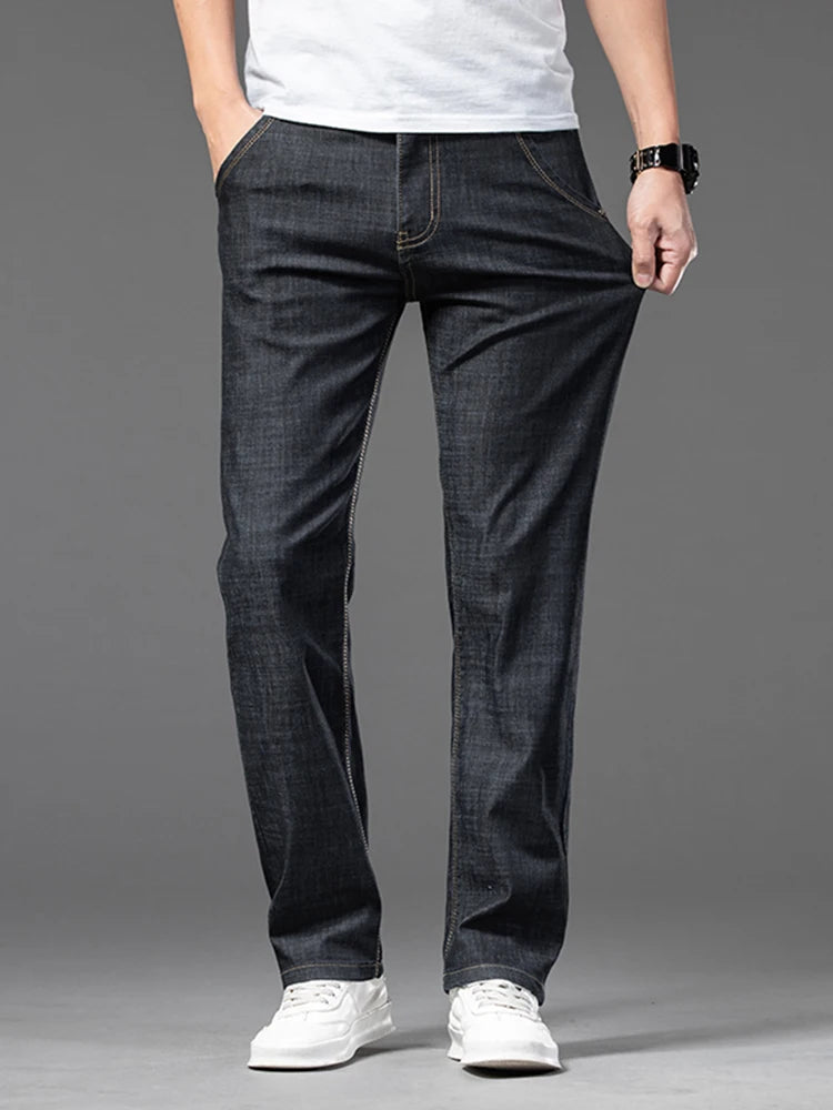 Sommer Dünne männer Gerade Jeans Klassische Schwarz Blau Stretch Casual Business Baggy Denim Hosen Männliche Marke Hosen.