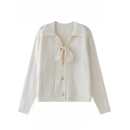 Women Clothes Autumn Winter Fashion Korean Button Solid Color Ladies All-match Bow Versatile Loose Knitwear Long Sleeve Top Tee.