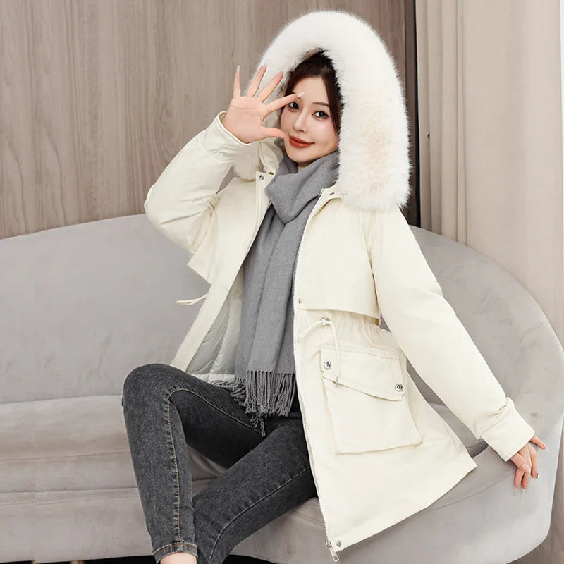 Winter dame Winter Stepp Mantel Abnehmbare Futter Pelz Kragen Gürtel Parka Jacke Für Frauen Verdickt Thermische frauen Mantel.