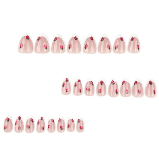 24 Pcs French White Press on Nails Cute Short Almond Self-nail Strawberry Decorations for Nail Tips False Nails with Sticky Tabs.