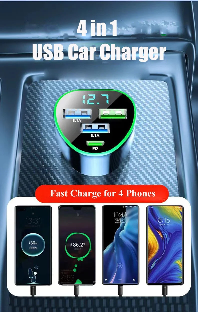 UYUXIO USB C Car Phone Charger Super Fast Charge in Car with LED Voltage Display for iPhone Samsung Huawei Oneplus Android Phone.