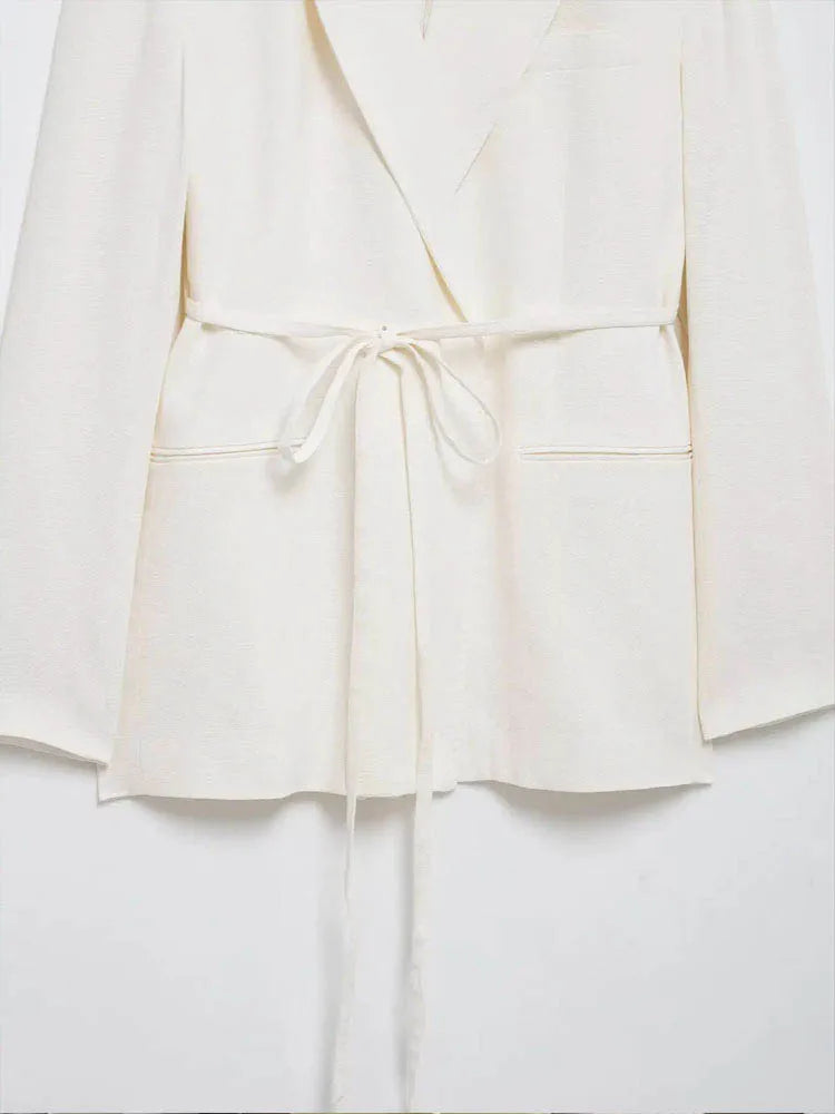 HH Women's Suits White Turn-Down Collar Long Sleeves Lace-Up Blazers+High Waist Zipper Long Pants Female Spring Fashion Sets.