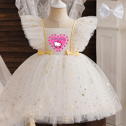 Hello Kitty Prinzessinnenkleid für Mädchen, Pailletten, Stern, Rüschen, Schleife, Tutu-Kleid, Baby, formelles Gala-Abschlussballkleid, Kinder-Abendparty-Kostüm